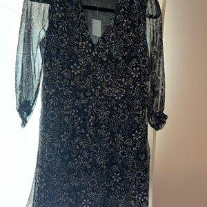 LOFT Black Floral V-Neck Dress with Blue & Cream Accents